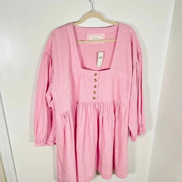 NWT Anthropologie Long-Sleeve Square-Neck Denim Babydoll Mini Dress Pink Size 2X - Picture 6 of 8